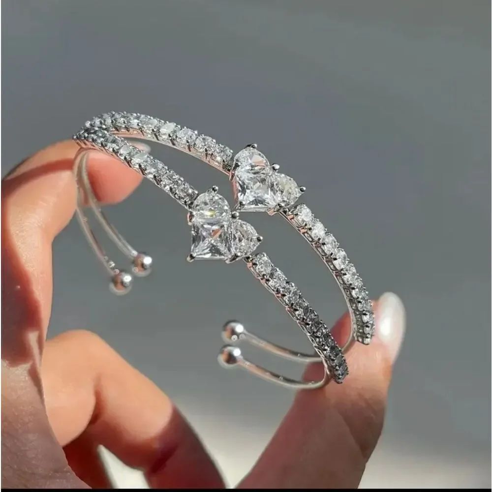 Silver Rhinestone Heart Bangle Bracelet